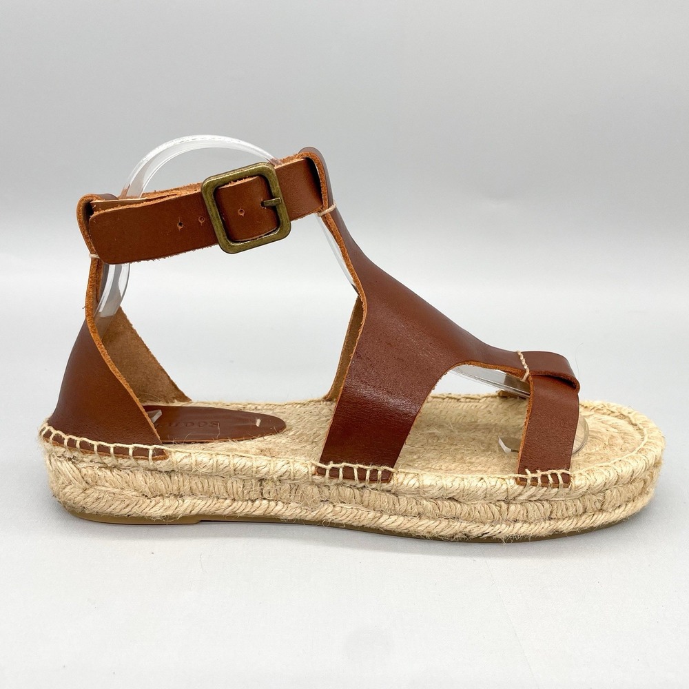 SOLUDOS Womens 8 Banded‎ Shield Espadrille Sandals Shoes Brown Leather Platform